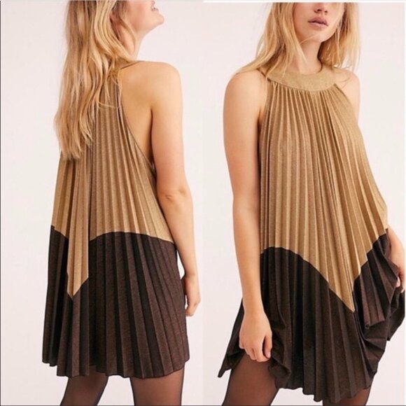 Free People Pleated Love Mini Dress Gold/Brown Size Small NWT - Picture 2 of 10
